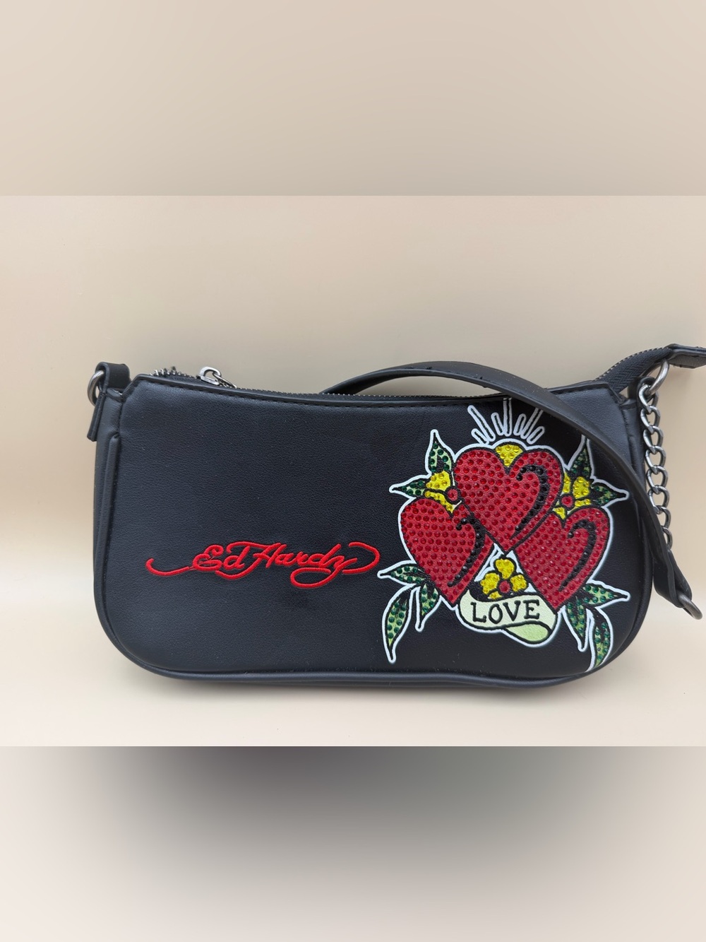 Ed Hardy Love Hearts Rhinestone Black Baguette Shoulder Bag Y2K Tattoo